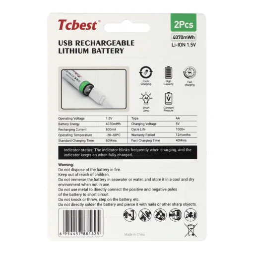 TCBEST tölthető elem R6 (AA) 1100 mAh Type C csatlakozóval + USB A - 2 x Type C kábel 2 db - 2