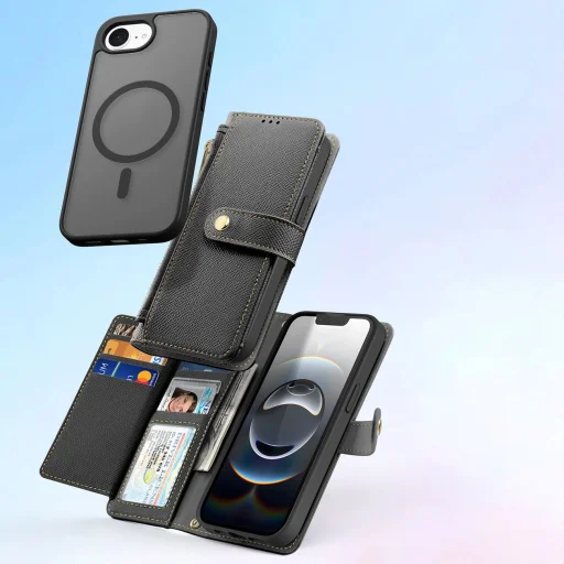  iPhone 16e Fekete Dux Ducis Lawa bőrtok levehető mágneses pénztárcával - 4