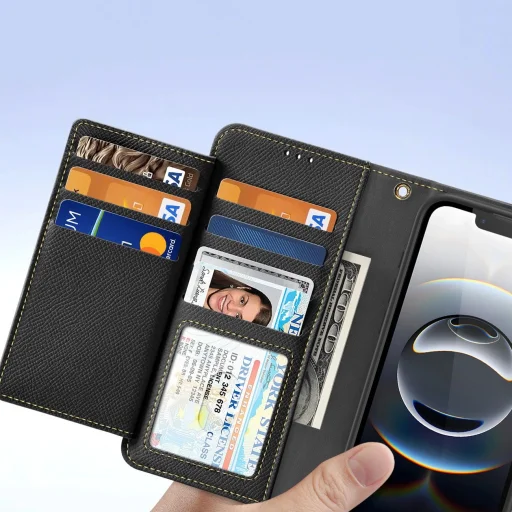  iPhone 16e Fekete Dux Ducis Lawa bőrtok levehető mágneses pénztárcával - 8