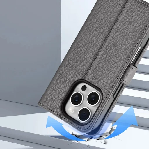  iPhone 16 Pro Max Szürke Dux Ducis Lawa bőrtok levehető mágneses pénztárcával - 10