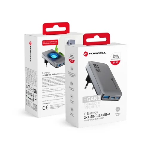FORCELL F-ENERGY GaN VT-47 Ultra Slim utazó töltő 2 x Type C + USB A PD QC4.0 4A 65W szürke - 2