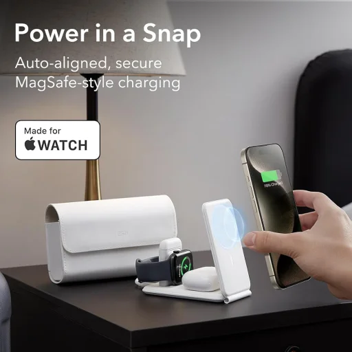  ESR Fehér Prémium 3 az 1-ben Utazó Vezeték Nélküli Töltő Szett (2C569A) iPhone-hoz, MFi Apple Watch-hoz, AirPods-hoz, Qi2 15W - 2
