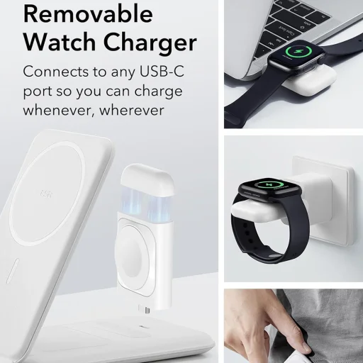  ESR Fehér Prémium 3 az 1-ben Utazó Vezeték Nélküli Töltő Szett (2C569A) iPhone-hoz, MFi Apple Watch-hoz, AirPods-hoz, Qi2 15W - 4