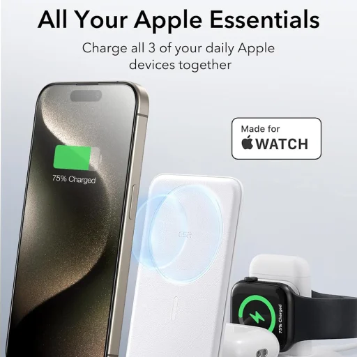  ESR Fehér Prémium 3 az 1-ben Utazó Vezeték Nélküli Töltő Szett (2C569A) iPhone-hoz, MFi Apple Watch-hoz, AirPods-hoz, Qi2 15W - 7