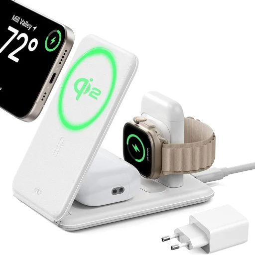  ESR Fehér Prémium 3 az 1-ben Utazó Vezeték Nélküli Töltő Szett (2C569A) iPhone-hoz, MFi Apple Watch-hoz, AirPods-hoz, Qi2 15W - 1
