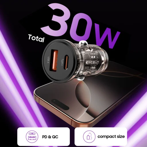 Tech-Protect CC01 2-portos Autós Töltő Pd30w/qc3.0 Fekete - 4