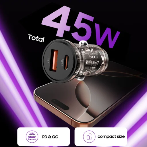 Tech-protect Cc01 2-port autós töltő Pd45w/qc3.0 Fekete - 4