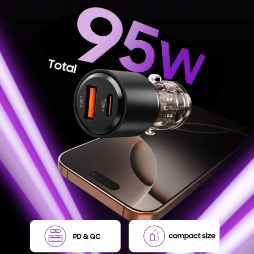 Tech-protect Cc03 2-portos autós töltő Pd95w/qc3.0 Fekete - 4