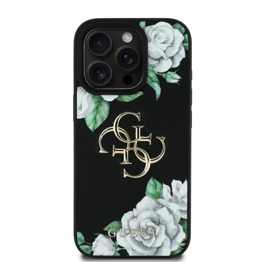  iPhone 16 Pro fekete Guess PU Grained Roses 4G Metal Logo tok - 3