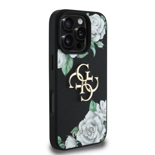  iPhone 16 Pro fekete Guess PU Grained Roses 4G Metal Logo tok - 4