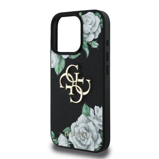  iPhone 16 Pro fekete Guess PU Grained Roses 4G Metal Logo tok - 5