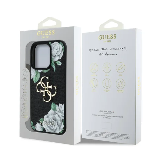  iPhone 16 Pro fekete Guess PU Grained Roses 4G Metal Logo tok - 7