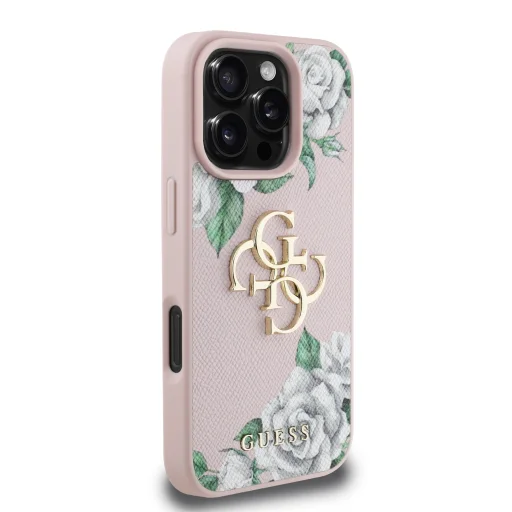  iPhone 16 Pro Pink Guess PU Grained Roses 4G Metal Logo tok - 4