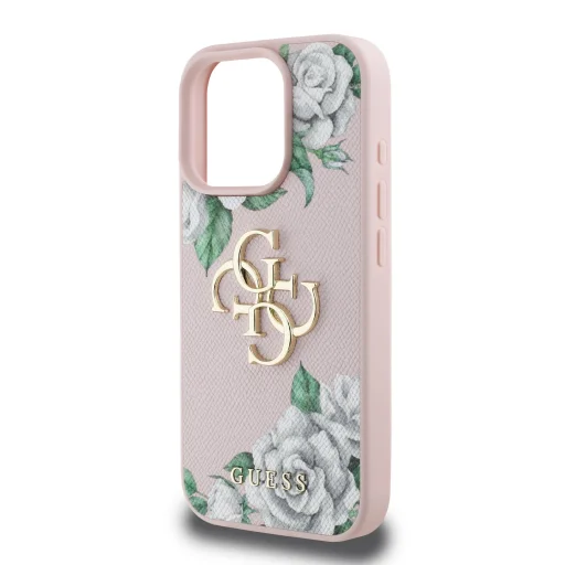  iPhone 16 Pro Pink Guess PU Grained Roses 4G Metal Logo tok - 5