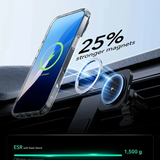  iPhone 16 Átlátszó Fekete ESR Klasszikus Hibrid HaloLock Kitámasztós Tok - 4