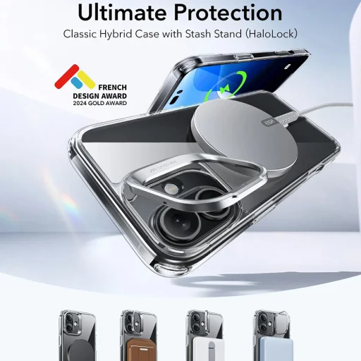  iPhone 16 Átlátszó Fekete ESR Klasszikus Hibrid HaloLock Kitámasztós Tok - 2