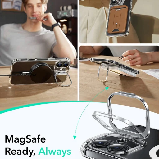  iPhone 16 Átlátszó Fekete ESR Klasszikus Hibrid HaloLock Kitámasztós Tok - 6