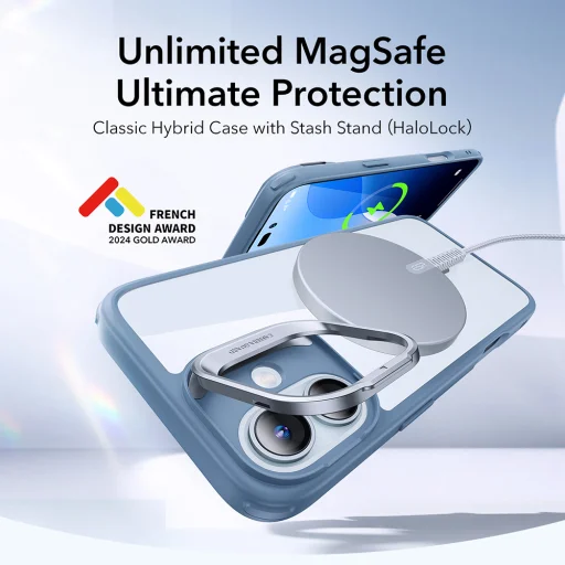  iPhone 16 Átlátszó Kék ESR Klasszikus Hibrid HaloLock Kitámasztós Tok - 6