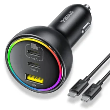  Baseus - Autós töltő (C00036101111-00) - 2x USB-C, USB, 152,5W, Gyors töltés, RGB hangulatvilágítás, USB-C kábel - Fürt Fekete