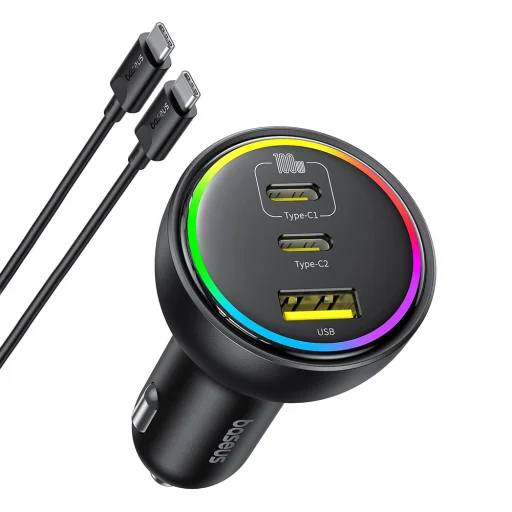  Baseus - Autós töltő (C00036101111-00) - 2x USB-C, USB, 152,5W, Gyors töltés, RGB hangulatvilágítás, USB-C kábel - Fürt Fekete - 2