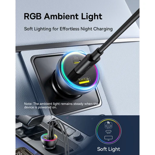  Baseus - Autós töltő (C00036101111-00) - 2x USB-C, USB, 152,5W, Gyors töltés, RGB hangulatvilágítás, USB-C kábel - Fürt Fekete - 4