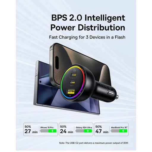  Baseus - Autós töltő (C00036101111-00) - 2x USB-C, USB, 152,5W, Gyors töltés, RGB hangulatvilágítás, USB-C kábel - Fürt Fekete - 7