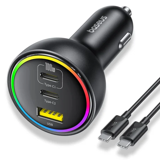  Baseus - Autós töltő (C00036101111-00) - 2x USB-C, USB, 152,5W, Gyors töltés, RGB hangulatvilágítás, USB-C kábel - Fürt Fekete - 1