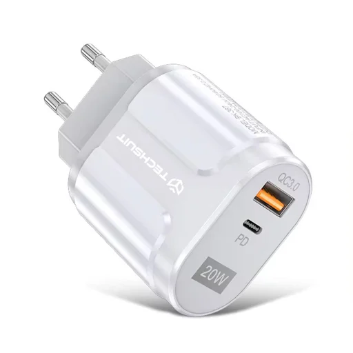 Techsuit - Fali Töltő Prémium (CHPD038) - USB-A, QC 3.0, USB-C, 20W - Fehér - 1