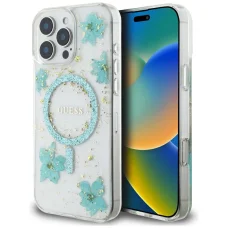  iPhone 16 Pro Átlátszó Zöld Guess Gyanta Virágok Glitter MagSafe tok