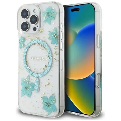  iPhone 16 Pro Átlátszó Zöld Guess Gyanta Virágok Glitter MagSafe tok - 1