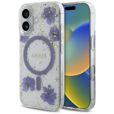  iPhone 16 Lila Guess Gyanta Virágok Glitter MagSafe tok