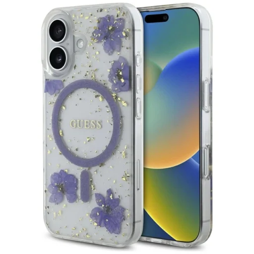  iPhone 16 Lila Guess Gyanta Virágok Glitter MagSafe tok - 1