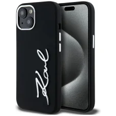  iPhone 15 Fekete Karl Lagerfeld Szilikon Metal Script Logo Tok
