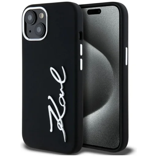  iPhone 15 Fekete Karl Lagerfeld Szilikon Metal Script Logo Tok - 1