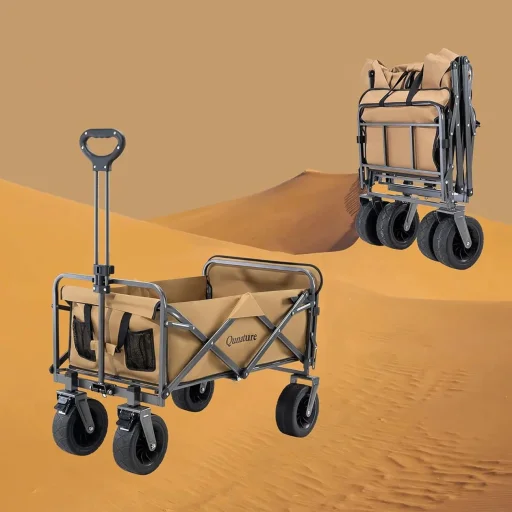 Qunature összecsukható, szállító, kerti kocsi, nagy kerekekkel és zárral - barna - 3