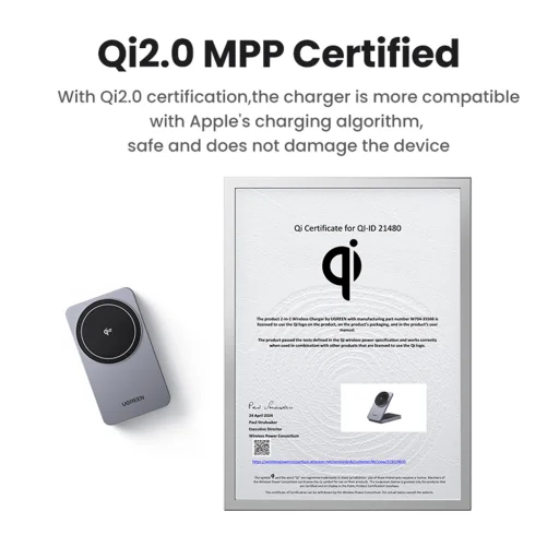 Ugreen - Vezeték nélküli töltő 2 az 1-ben W706 (45023) - MagSafe, iPhone-hoz, Apple Watch-hoz, AirPods-hoz, USB-C, 20W, 3A, Qi2, MPP - Fekete - 12