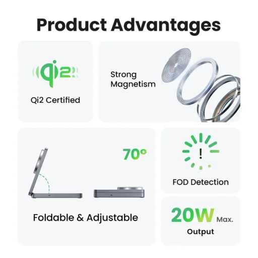 Ugreen - Vezeték nélküli töltő 2 az 1-ben W706 (45023) - MagSafe, iPhone-hoz, Apple Watch-hoz, AirPods-hoz, USB-C, 20W, 3A, Qi2, MPP - Fekete - 13