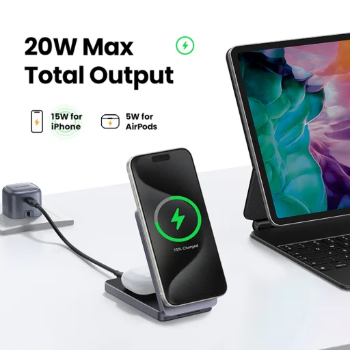 Ugreen - Vezeték nélküli töltő 2 az 1-ben W706 (45023) - MagSafe, iPhone-hoz, Apple Watch-hoz, AirPods-hoz, USB-C, 20W, 3A, Qi2, MPP - Fekete - 4