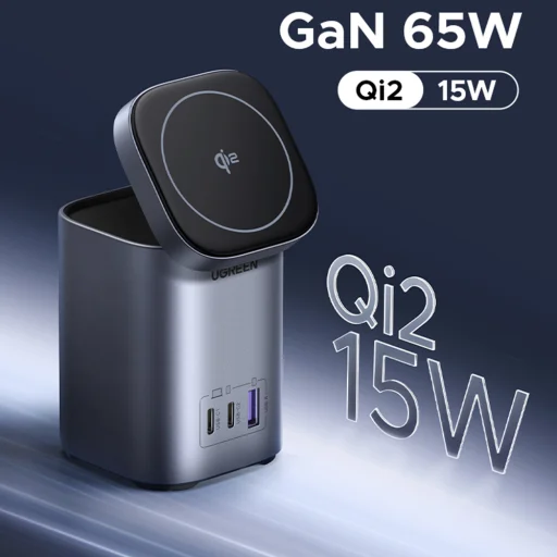  Ugreen - Vezeték nélküli töltő 4 az 1-ben X555 (55321) - MagSafe, Gyors töltés iPhone-hoz, iPadhez, MacBookhoz, GaN, USB, 2xType-C, 65W - Fekete - 2