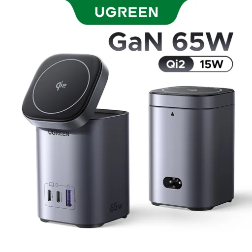  Ugreen - Vezeték nélküli töltő 4 az 1-ben X555 (55321) - MagSafe, Gyors töltés iPhone-hoz, iPadhez, MacBookhoz, GaN, USB, 2xType-C, 65W - Fekete - 13