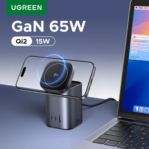  Ugreen - Vezeték nélküli töltő 4 az 1-ben X555 (55321) - MagSafe, Gyors töltés iPhone-hoz, iPadhez, MacBookhoz, GaN, USB, 2xType-C, 65W - Fekete - 3