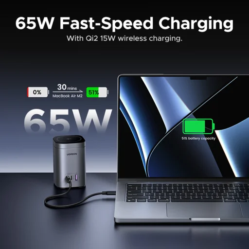  Ugreen - Vezeték nélküli töltő 4 az 1-ben X555 (55321) - MagSafe, Gyors töltés iPhone-hoz, iPadhez, MacBookhoz, GaN, USB, 2xType-C, 65W - Fekete - 4