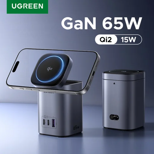  Ugreen - Vezeték nélküli töltő 4 az 1-ben X555 (55321) - MagSafe, Gyors töltés iPhone-hoz, iPadhez, MacBookhoz, GaN, USB, 2xType-C, 65W - Fekete - 6