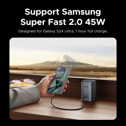  Ugreen - Vezeték nélküli töltő 4 az 1-ben X555 (55321) - MagSafe, Gyors töltés iPhone-hoz, iPadhez, MacBookhoz, GaN, USB, 2xType-C, 65W - Fekete - 7