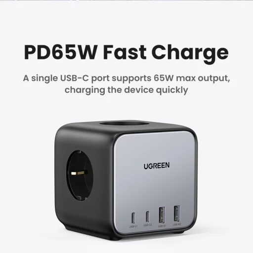 Ugreen - elosztó, fali töltő DigiNest Cube 7 az 1-ben CD268 (60113) - GaN, 2x USB-C, 2x USB, 3x AC, 2990W, 13A, PD65W - Fekete - 3