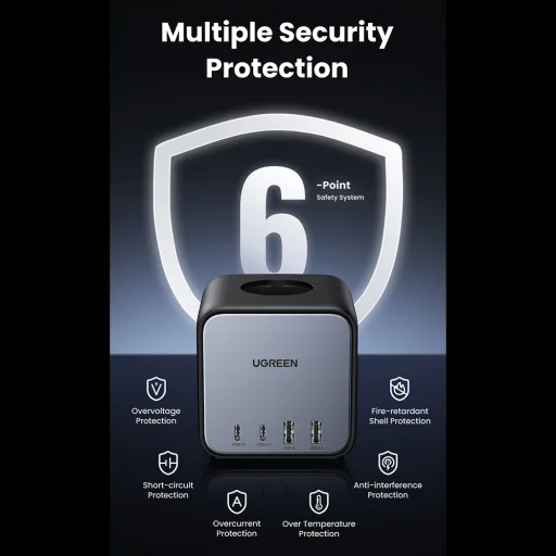 Ugreen - elosztó, fali töltő DigiNest Cube 7 az 1-ben CD268 (60113) - GaN, 2x USB-C, 2x USB, 3x AC, 2990W, 13A, PD65W - Fekete - 7