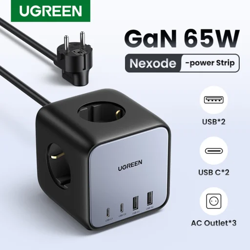 Ugreen - elosztó, fali töltő DigiNest Cube 7 az 1-ben CD268 (60113) - GaN, 2x USB-C, 2x USB, 3x AC, 2990W, 13A, PD65W - Fekete - 8
