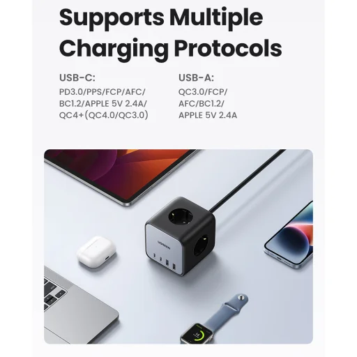 Ugreen - elosztó, fali töltő DigiNest Cube 7 az 1-ben CD268 (60113) - GaN, 2x USB-C, 2x USB, 3x AC, 2990W, 13A, PD65W - Fekete - 9