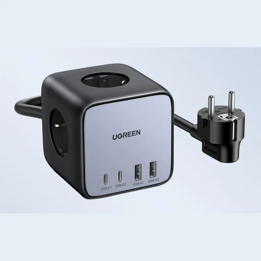 Ugreen - elosztó, fali töltő DigiNest Cube 7 az 1-ben CD268 (60113) - GaN, 2x USB-C, 2x USB, 3x AC, 2990W, 13A, PD65W - Fekete - 10