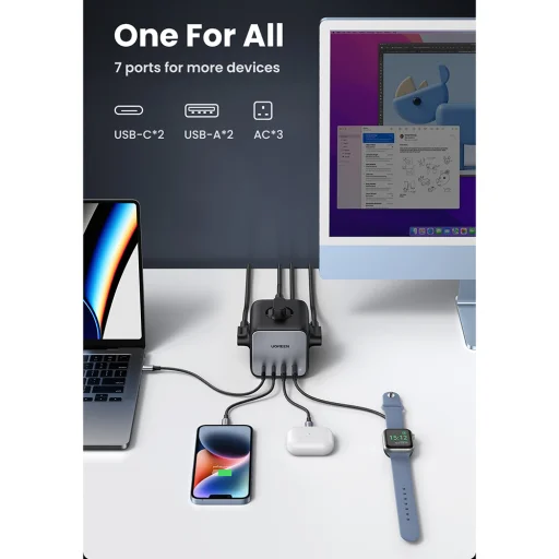 Ugreen - elosztó, fali töltő DigiNest Cube 7 az 1-ben CD268 (60113) - GaN, 2x USB-C, 2x USB, 3x AC, 2990W, 13A, PD65W - Fekete - 11